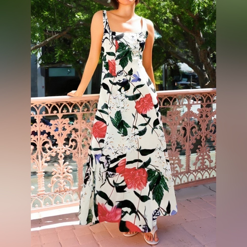 Commense Floral Dress White with Red and Green Accents